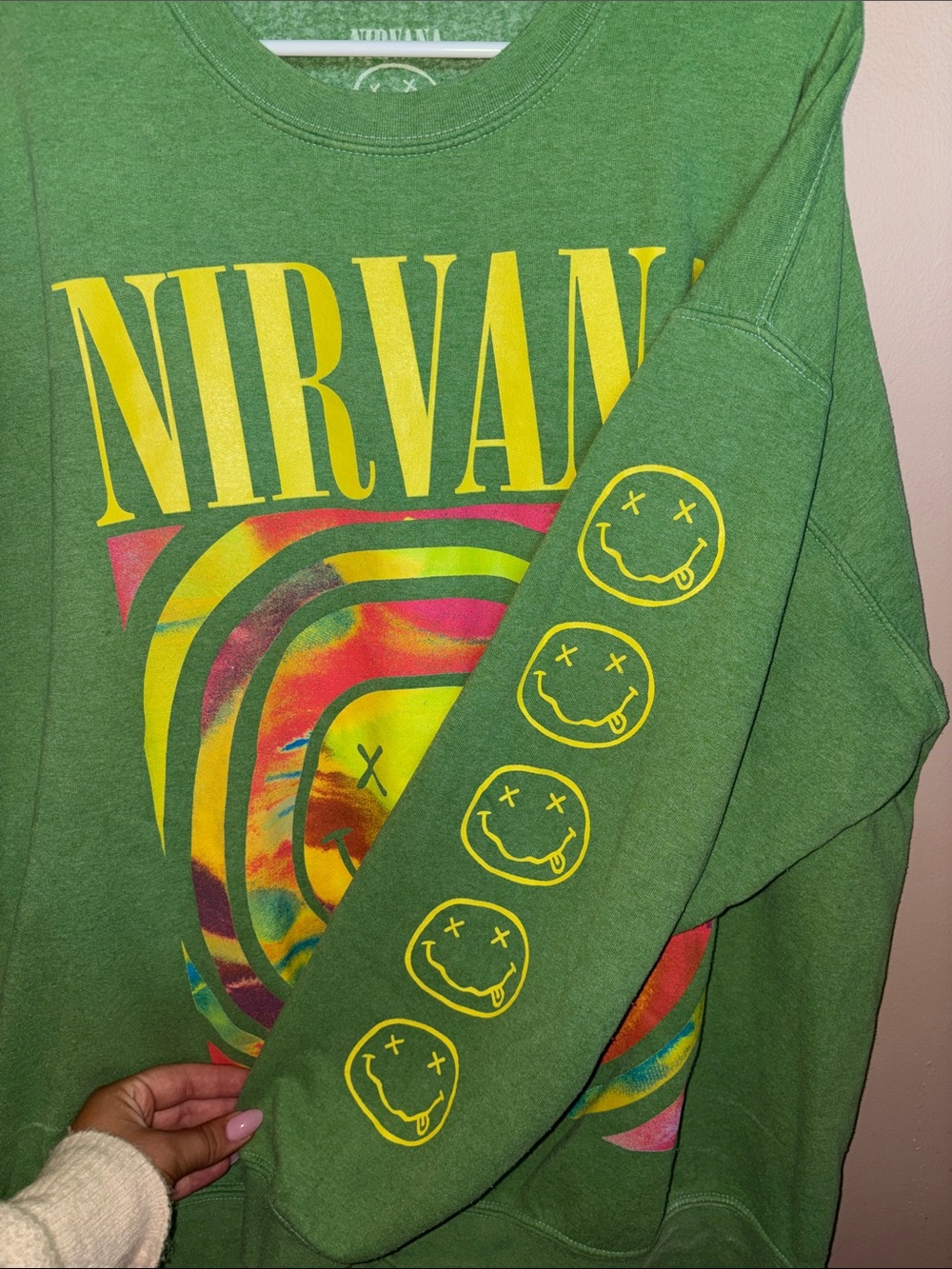 NIRVANA Green Crewneck with Multicolor Smiley Graphic - Picture 3 of 6
